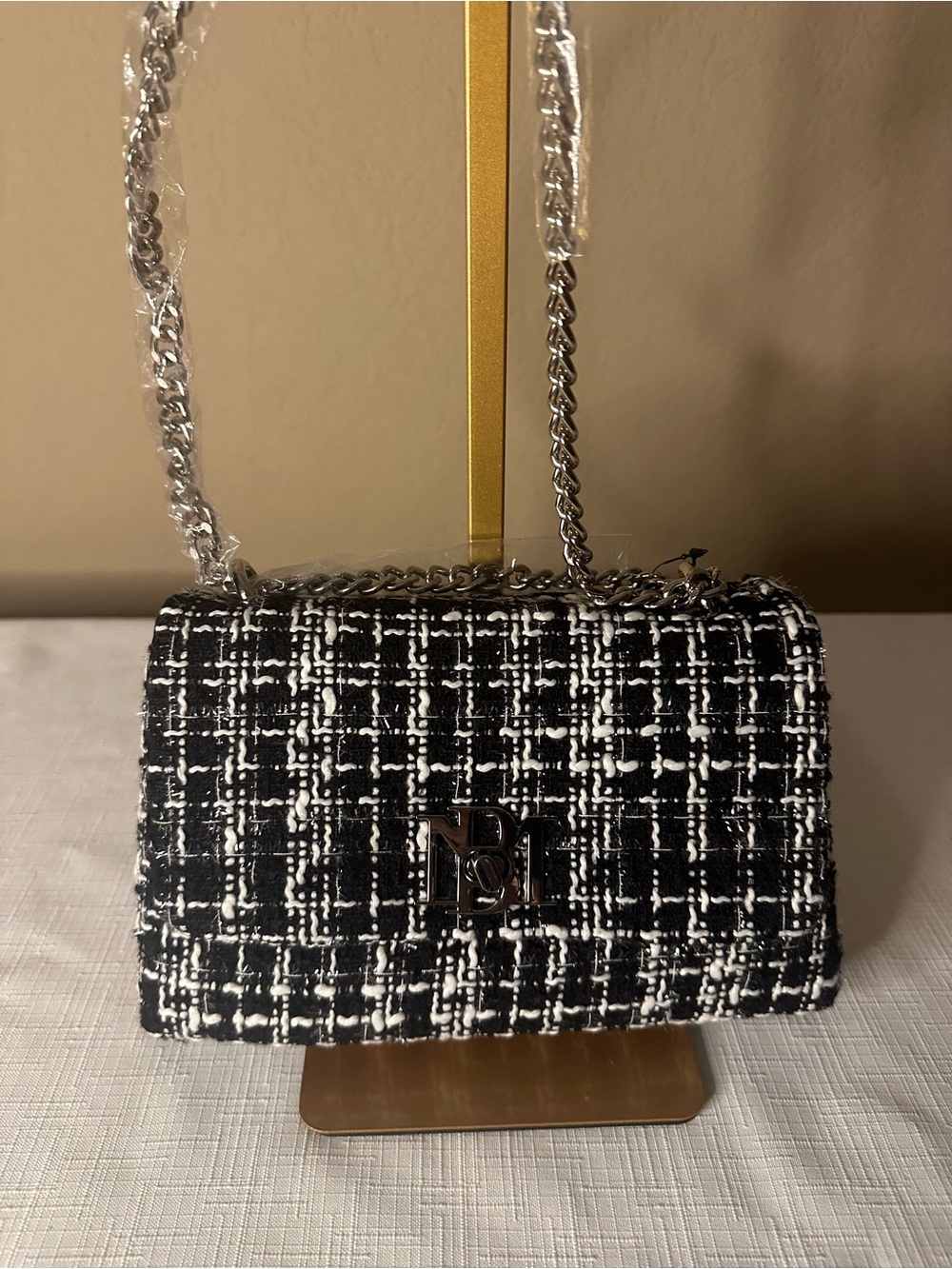 Badgley Mishka  Black & White Tweed Shoulder Bag with Chain Strap